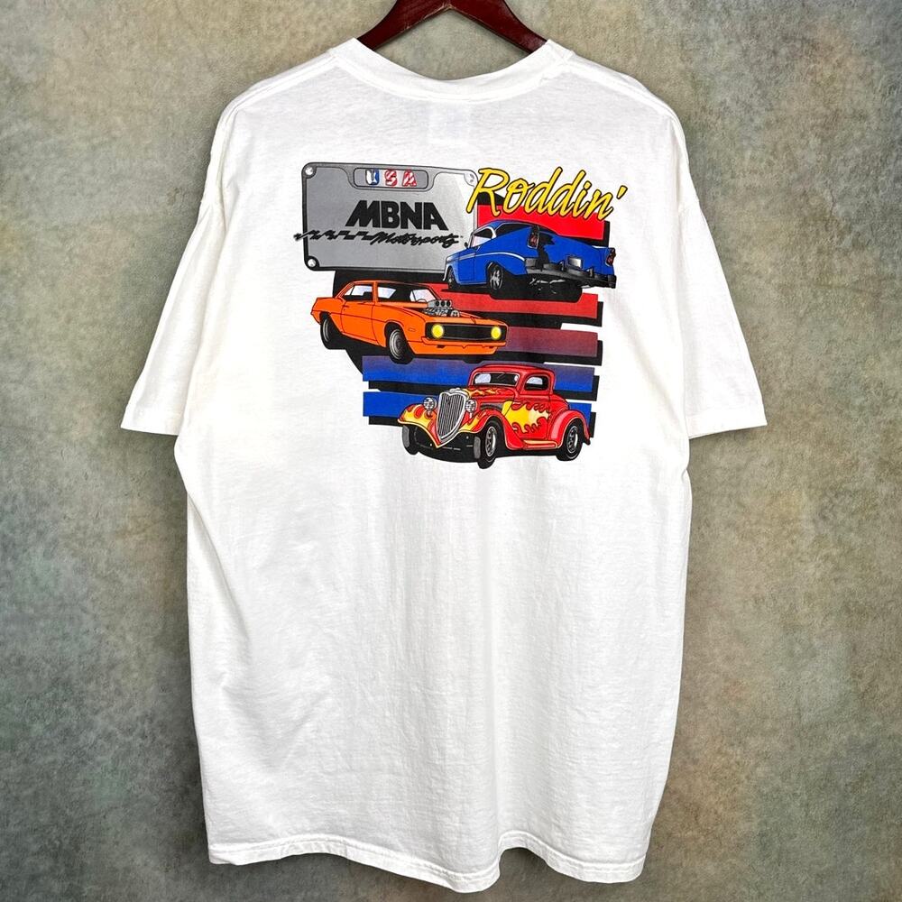 VTG 90s MBNA Motorsports Hot Rods T Shirt Sz XL White Flame Roddin Cars Retro